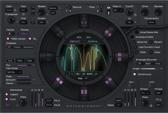 Entanglement plugin UI: "Entanglement uses a 1D quantum wave function (Schrödinger equation) to produce evolving waveforms for use in a dual polyphonic wavetable synthesizer."