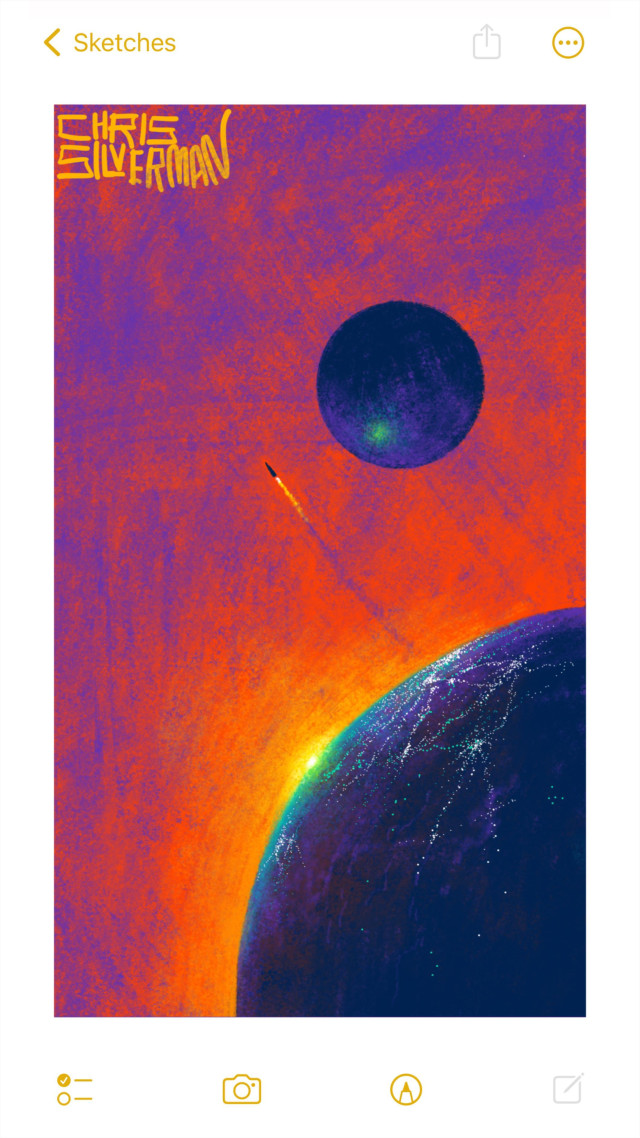 Two planets hang in a reddish-purple space. The planet in the foreground is purplish and has the sun on the horizon, casting a blazing yellow glow. The surface of the planet has many tiny white and green dots, arranged in clusters that indicate roads and cities. The second, farther planet is smaller, perhaps a moon. It has a greenish highlight from the sun, but does not show any signs of life. Heading past it into space, a trail of fire and smoke behind it, is a tiny rocket that has launched from the larger planet. The painting is signed "Chris Silverman".