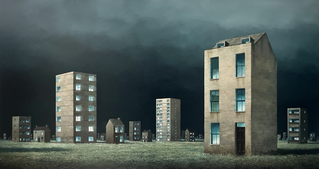 Various dwellings including tower blocks and townhouses fill a vast flat moody landscape. The blue/white light of mobile phones, tablets and computer screens glow from every window. 