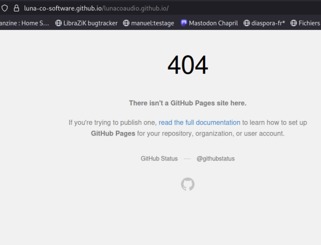  luna-co-software.github.io

There isn't a GitHub Pages site here.
If you're trying to publish one, read the full documentation to learn how to set up
GitHub Pages for your repository, organization, or user account
GitHub Status @githubstatus
