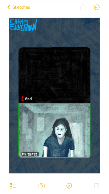 The view from a Zoom meeting: a dark gray background with two people in the meeting. The video screens are stacked one on the other. The upper person's video screen is completely black, with a small, red crossed-out-microphone icon that indicates they are muted. The label on the screen says "God" in small, white letters. The lower video screen shows a girl with long dark hair and a dark short-sleeved shirt. She is in a small room with a few dimly visible posters on the wall. The entire scene is rendered in shades of pale blue that suggest a dark room lit only by a computer screen. Her name is displayed as "Margaret", and there is a green border around her video screen, indicating that she is speaking. Someone familiar with classic children's novels will recognize this as a reference to the book "Are You There God? It's Me, Margaret", by Judy Blume, whose birthday is today. The painting is signed "Chris Silverman".