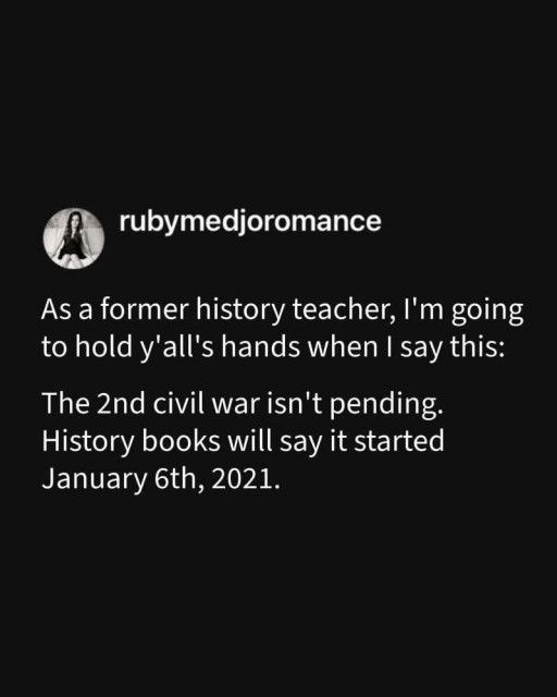 0 rubymedjoromance As a former history teacher, I'm going to hold y'all's hands when | say this: The 2nd civil war isn't pending. History books will say it started January 6th, 2021.