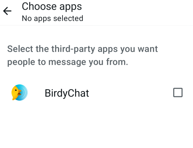 screenshot of WhatsApp config dialog to enable 3rd party chats from apps, only BirdyChat is listed