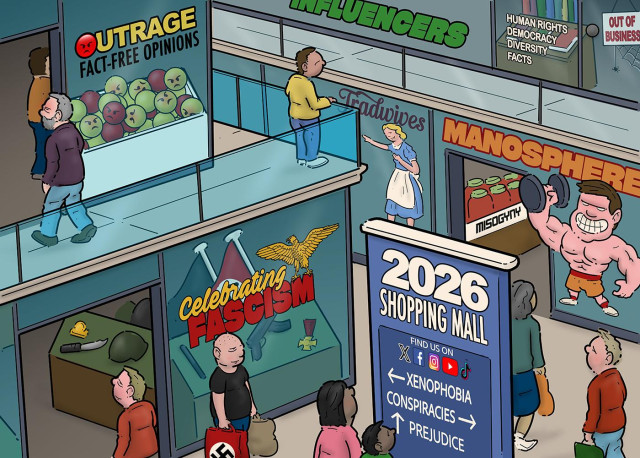 Cartoon showing the inside of a shopping mall with different stores and people walking around with shopping bags. One store sells fascist paraphernalia and has the text 'Celebrating Fascism' on its window. Another store is called 'Outrage: Fact-Free Opinions'. Two other stores are titled 'Manosphere' and 'Tradwives' and feature pictures of a muscular man and a smiling woman in a housewife's dress respectively. In the corner of the mall is a small bookshop with the text 'Human rights, democracy, diversity, facts' on the window. A sign behind the glass reads 'Out of business'. Two persons are looking at an information sign that says: '2026 Shopping Mall: xenophobia, go left, conspiracies, go right, prejudice, straight ahead'