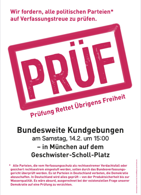 Banner für die "Prüf" Demo. Samstag, 14. Februar 2026, 15:00 Uhr 
(ausnahmsweise 1 Stunde später wegen SiKo Demo) 
Geschwister-Scholl-Platz München 