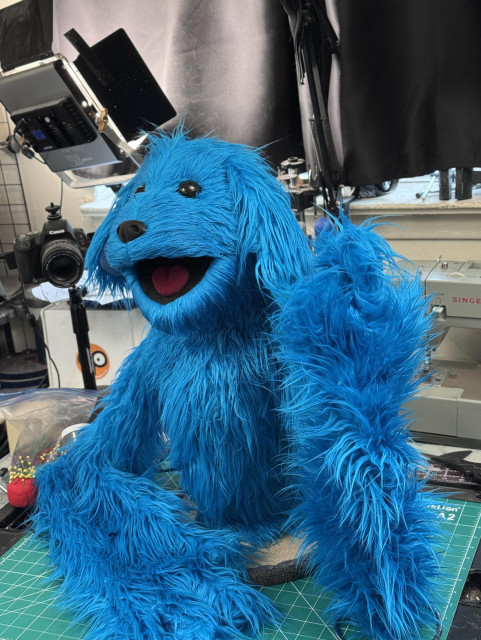 Left view of a furry blue dog live hands puppet