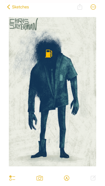 A strange and disturbing figure, rendered entirely in dark, dull, monochromatic blue-green against a pale tan background. The figure is lurching forward, the way a zombie would, arms hanging down. One arm is longer than the other. Its legs are oddly thin compared to its upper body. It is wearing a suit coat and tie, but the left arm of the coat is short, like a short-sleeved shirt, and the left side of the coat is higher than the right. Also pinned to the left breast of the coat is what looks like an ID card, although whatever is printed on it is not visible. The figure wears mismatched boots, one of which is open, and appears generally dysfunctional. Where its head would be is a shapeless black smudge; a void that looks like a large ink blot. At the center of the void is a small orange icon of a gas pump—the icon a car displays when it is close to running out of fuel. The painting is signed "Chris Silverman".