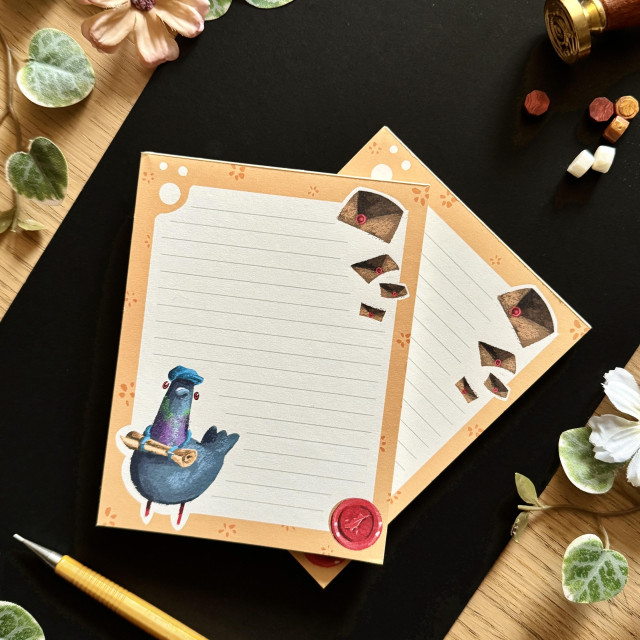 Focus on the pigeon notepad.