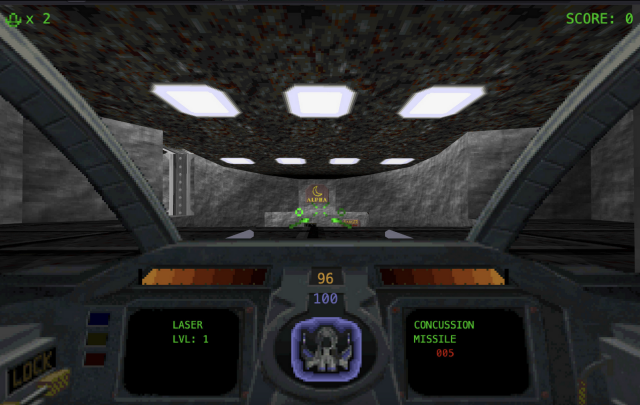 Screenshot of the Descent game with you in a cockpit of a sci-fi fighter in a mine.