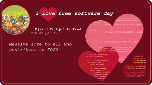 I love free software-card with hearts in all shades of red, and an image of FOSS mascots by DavidRevoy in a bubble in the corner.
Message reads: massive love to all who contribute to FOSS