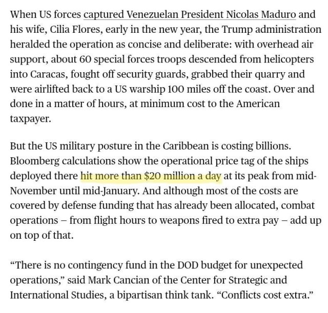 The image contains text discussing the U.S. military operation that captured Venezuelan President Nicolás Maduro and the associated costs of military presence in the Caribbean, highlighting financial implications and remarks from experts on defense funding.