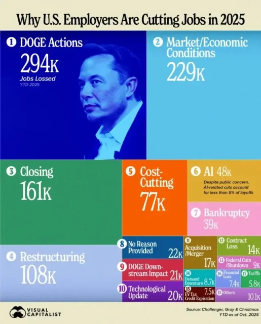 DOGE actions caused the loss of 294,000 jobs in 2025, beating out market/economic conditions, business closings, cost-cutting, AI, and restructuring.