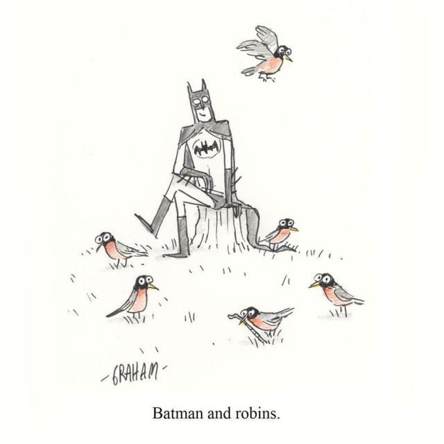 A cartoon illustration of batman smiling while sitting on a stump, surrounded by robins. Caption reads "Batman and robins."
