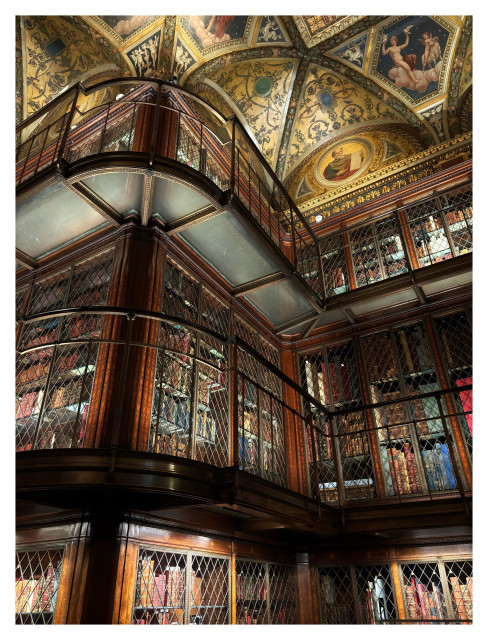 A view of the interior of the J. Pierpont Morgan Library in NYC. Three tiers of walnut bookshelves rise to a high groin-vaulted ceiling covered in an ornate mural with Renaissance-inspired imagery. The antique volumes sit behind a protective metal grid and guardrails, a portion of which extends toward the viewer in a gentle curve.