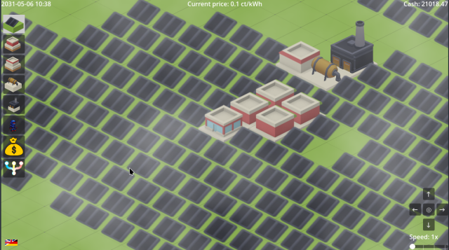 Screenshot from the game Sonnenwende, depicting solar panels, batteries, and hydrogen storage tanks.