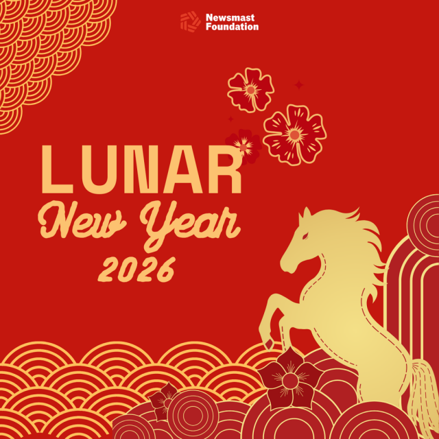 A graphic reading: "Chinese New Year, 2026". It uses red and gold colours to show a horse among Chinese-style illustrations. 