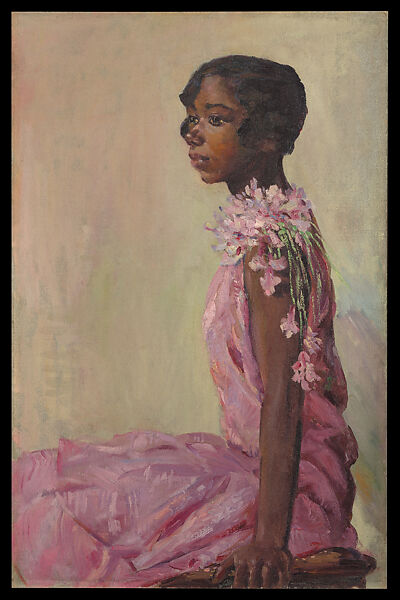 A Realist portrait, from the Harlem Renaissance. A young Black woman, with a 20s bob haircut, sits facing left, her head turned a quarter toward us. She wears a pink dress, in 20s style, with a corsage of pink flowers at the shoulder facing us. Her expression is serene and abstracted.