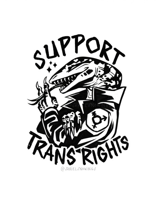 A black and white digital drawing of a punk monitor lizard surrounded by the text “support trans rights”