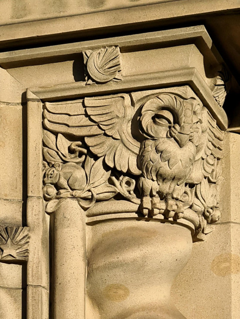 A sculpted owl on a column capital of a 1930s building in Glasgow.
