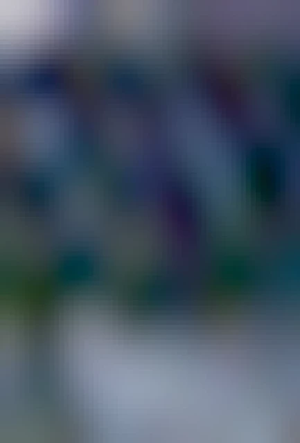 A vertical image of a frozen waterfall under a stone wall. 