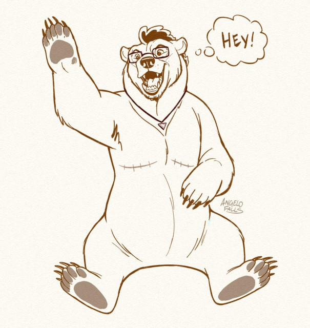 A drawing of a cartoon anthropomorphic bear with a curly mohawk, glasses, a necklace and double incision mastectomy scars on his chest. He is sitting down, waving his paw up saying "Hey" in a thought bubble.