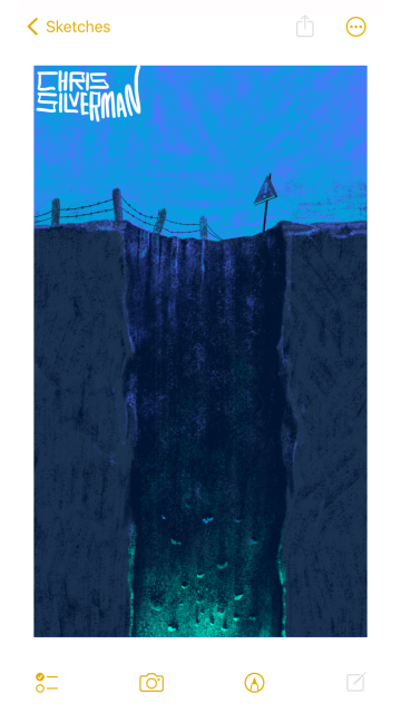 A deep hole at night, under a deep blue-indigo sky. The hole is viewed from the side through a cutaway perspective. The soil is gray, like concrete. The interior of the hole is rough and irregular. The end of the hole isn't visible, but whatever's down there is giving off an eerie radioactive green glow, illuminating the rocks on the side of the hole in sharp relief. Someone has placed a barbed wire fence around the hole, as well as a triangular warning sign. The painting is signed "Chris Silverman".