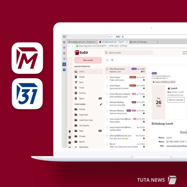 Tuta Mail and Tuta Calendar icons next to a screenshot of the new Tuta Mail add-on in Thunderbird. 