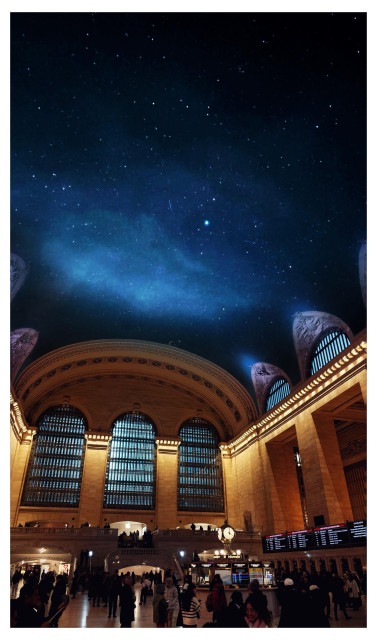 An image of the main concourse of Grand Central Terminal in New York. Commuters bustle around the iconic brass clock under high arched windows and stone columns awash in golden light. The ceiling has mysteriously vanished, leaving a dramatic view of a night sky with luminous clouds and the bright stars beyond.

The high barrel-vaulted ceiling of Grand Central features a beautiful mural of the 12 zodiac constellations, but I thought real stars might be even better, so I replaced it with a sky photo that I shot in northern Idaho on a clear summer evening. I had two literary quotes in mind as I did this. The first is a passage from Maurice Sendak’s “Where the Wild Things Are,” in which a forest grows in Max’s room until “the walls became the world all around.” The second is from Arthur C. Clarke’s “2001,” in which David Bowman enters the alien artifact known as the Monolith and discovers its nature: “It was some kind of cosmic switching device, routing the traffic of the stars through unimaginable dimensions of space and time. He was passing through a Grand Central Station of the galaxy.”

I liked the idea of juxtaposing different scales of distance — the great distances covered by travelers on land, and the vastly greater distances traversed by starlight up above — and using Grand Central as an image to tie them together. Hopefully it works.

Edited using the double exposure tool in Snapseed.