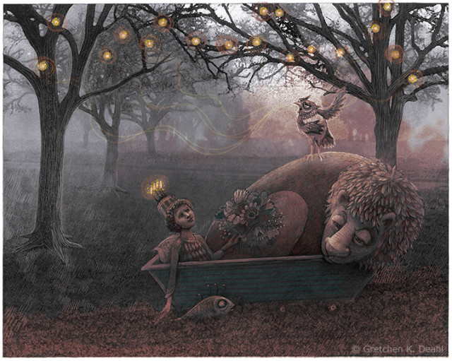 Twilight Serenade
Deep within a forest of dimming purple and orange, a tiny boat moves quietly through the leaf-strewn grass. In this tightly packed boat, an owl perches atop a dozing lion and gently croons to his captive audience. A young man watches, mesmerized by the tune. He wears a crown of burning candles and holds a bouquet of flowers. Alongside, swims a curious fish. Above, fireflies dance.