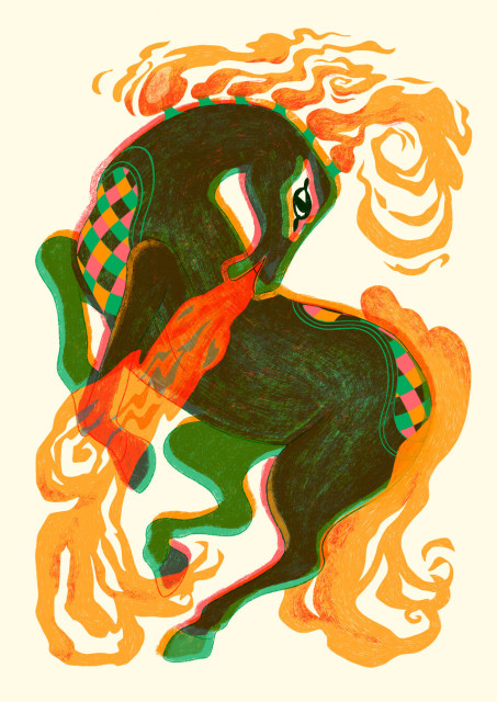 Illustration rétro d'un cheval stylisé crachant du feu. Illustration destinée à une impression en risographie, 3 couleurs rouge fluo, jaune tournesol et vert.