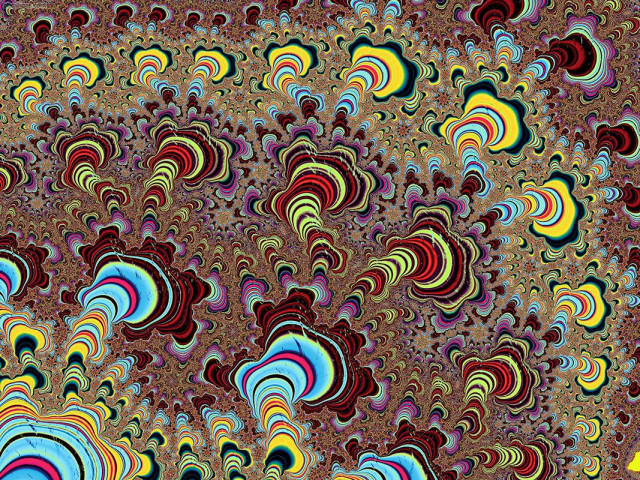 blobby fractal extrusions in blue-red-black-yellow striations