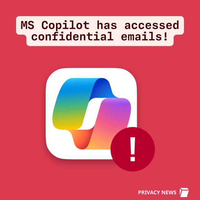Title: Ms Copilot has accessed confidential emails! With the Copilot logo and a big red warning exclamation sign. 