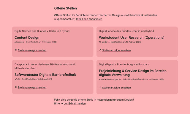 Partial screenshot of a website displaying 4 open design positions:
• Content design role in Berlin
• User research ops working student in Berlin
• Service designer and project lead in digital government in Potsdam
• Accessibility specialist in Northern Germany