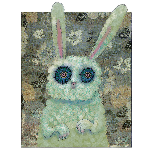 Colorway #1
Textured colors of spotted, mottled white, purple, gold and green. An ink drawing of a rabbit-like creature stares with distress and wonder outward. It has a  small nose and mouth.  Its clawed arms hang protectively in front of it.