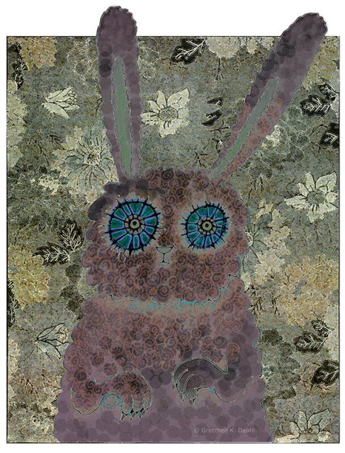 Colorway #3
Textured colors of spotted, mottled blue, purple, gold and green. An ink drawing of a rabbit-like creature stares with distress and wonder outward. It has a  small nose and mouth.  Its clawed arms hang protectively in front of it.