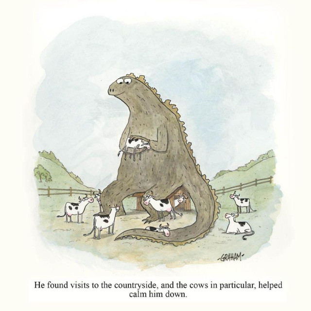 A cartoon illustration of a Godzilla calmly hanging out with pleasant cows in the countryside. Caption reads "He found visits to the countryside, and the cows in particular, helped calm him down."