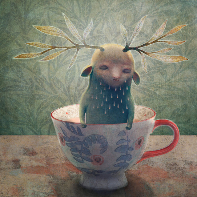 Against a leafy wallpaper background, a delicate china teacup with an orange handle and blue petals. Inside, a tiny, tearful monster stands quietly. Upon its head, leafy branches sprout. Tears rain down from its downcast eyes.