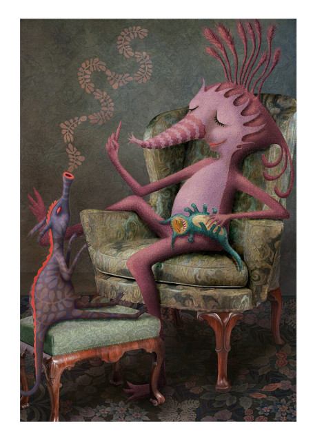 Seated comfortably on an antique chair with one leg swung over the arm, a pale magenta monster, with a long striped trunk, gives singing lessons to her favorite pet and pupil - a blue dragon-like creature with orange highlights. Out of its whistling mouth, leaf-like notes of song flow. On the large monsters lap, being tickled, another favorite pet. This little guy is a teal pattered, eight-legged critter, with an orange and gold face and belly. It is giggling wildly.
