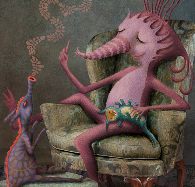 Seated comfortably on an antique chair with one leg swung over the arm, a pale magenta monster, with a long striped trunk, gives singing lessons to her favorite pet and pupil - a blue dragon-like creature with orange highlights. Out of its whistling mouth, leaf-like notes of song flow. On the large monsters lap, being tickled, another favorite pet. This little guy is a teal pattered, eight-legged critter, with an orange and gold face and belly. It is giggling wildly.