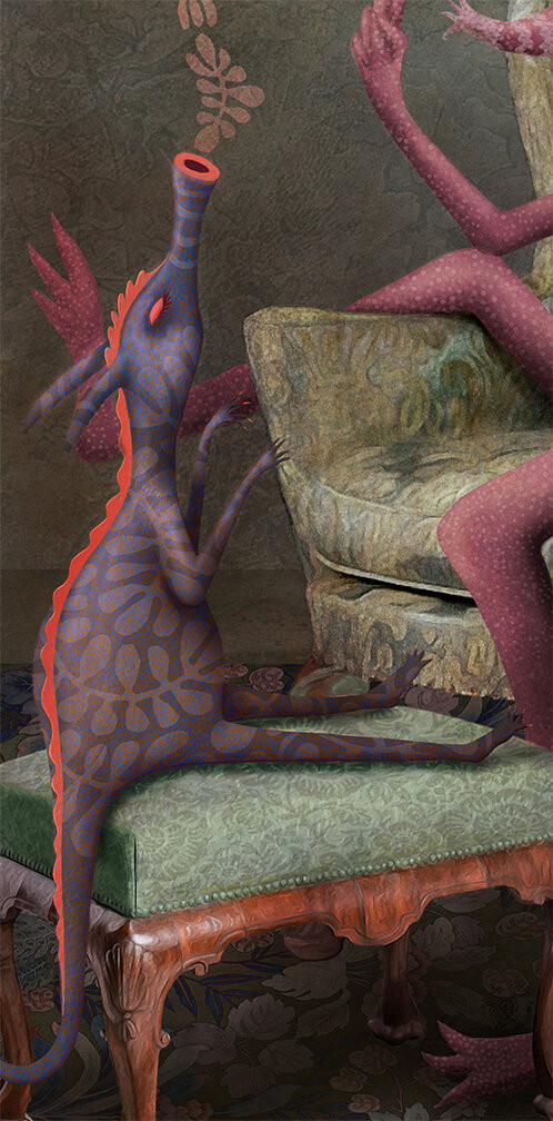 Seated comfortably on an antique chair with one leg swung over the arm, a pale magenta monster, with a long striped trunk, gives singing lessons to her favorite pet and pupil - a blue dragon-like creature with orange highlights. Out of its whistling mouth, leaf-like notes of song flow. On the large monsters lap, being tickled, another favorite pet. This little guy is a teal pattered, eight-legged critter, with an orange and gold face and belly. It is giggling wildly.