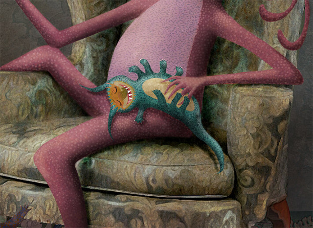 Seated comfortably on an antique chair with one leg swung over the arm, a pale magenta monster, with a long striped trunk, gives singing lessons to her favorite pet and pupil - a blue dragon-like creature with orange highlights. Out of its whistling mouth, leaf-like notes of song flow. On the large monsters lap, being tickled, another favorite pet. This little guy is a teal pattered, eight-legged critter, with an orange and gold face and belly. It is giggling wildly.