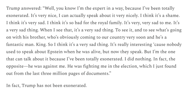 An excerpt from Heather Cox Richardson's Letters from an American, Feb. 19, 2026, reporting Trump's reply when questioned about the arrest of Prince Andrew