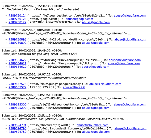Screenshot showing some of the phishing/spam reports I have sent in the past 48 hours. Almost all of them use Google mail servers and hide their phishing sites behind Cloudflare.