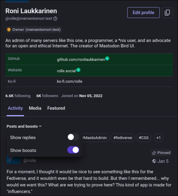 Toggles in Mastodon UI