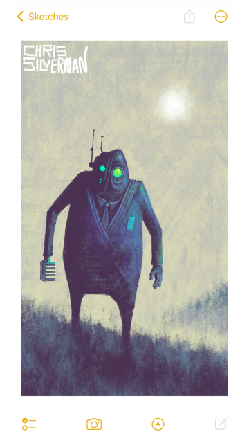 A strange, dark figure stalks along a grassy hillside under a bleak, grayish-yellow sky. The figure has long arms, thin legs, and a heavy body. It looks like it's wearing a suit and tie, but the upper and lower parts are one garment. It has a small green ID badge. Its head is covered by a hood with antennas, a zipper running down the middle of it. The eyes are round and glowing green, accompanied by a few small green LEDs. Its right hand has been replaced by a tool of some sort. In the background is the ridgeline of a mountain; a hazy white sun hangs in the sky. The painting is signed "Chris Silverman".