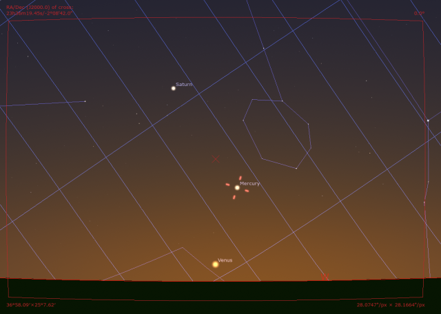 A finder chart from planetarium sky simulation software. The red wire frame box shows the sky coverage of the photo.