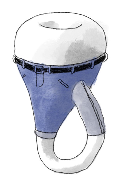 A terrible drawing of a Klein bottle with its opening up top. It has a pair of jeans on with the waist around the large round end and a pant leg going down the non-self-intersecting "leg" ending in a cuff. The self-intersecting "leg" is also covered in jeans but they are inside out, showing the messy seam and end of the pant leg.