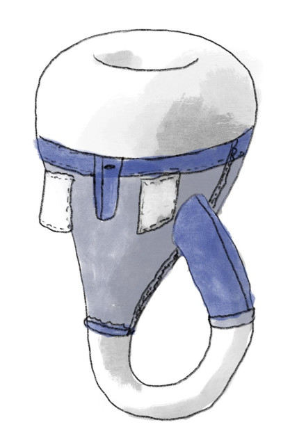 Similar to the previous drawing but the jeans are inside out on the main portion, showing the paler backside of the denim, messy seams, and pocket interiors flapping in the breeze. The self-intersecting leg is right-side-out.
