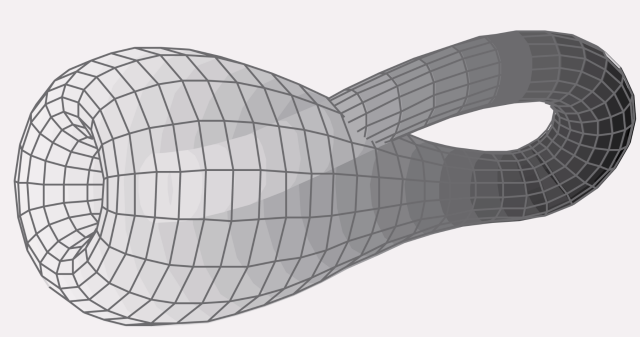 A monochrome wireframe model of a Klein bottle.