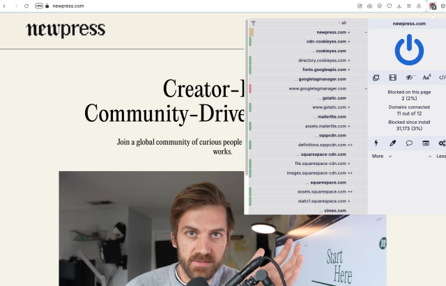 a screenshot of NewPress's homepage with a picture of Johnny Harris and an overlay from UBlock origin showing trackers from: Google Tag Manager, Gstatic, MailerLite, SquareSpace, Cookieyes, Vimeo...